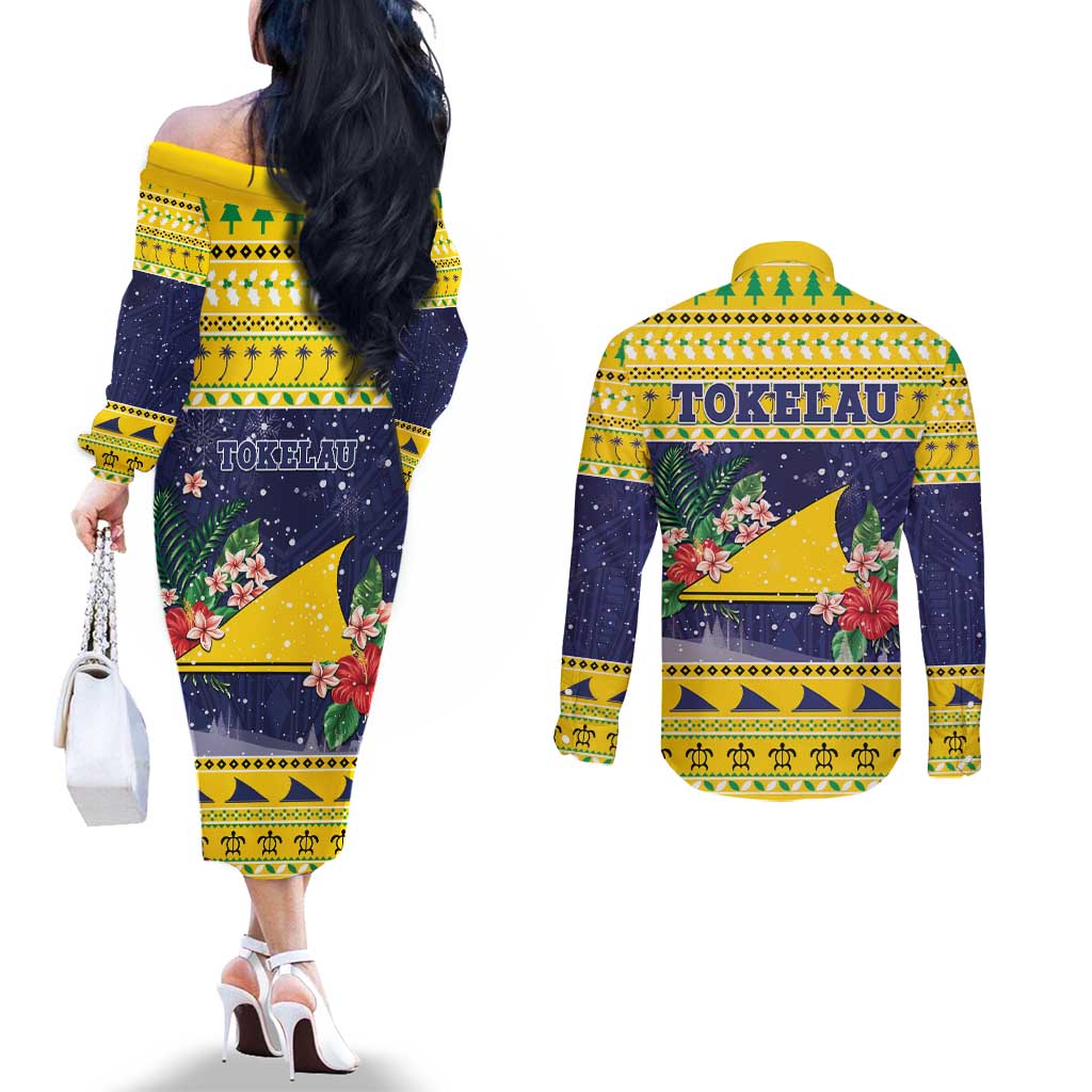Tokelau Christmas Couples Matching Off The Shoulder Long Sleeve Dress and Long Sleeve Button Shirt Tokelauan Badge Manuia Te Kilihimahi