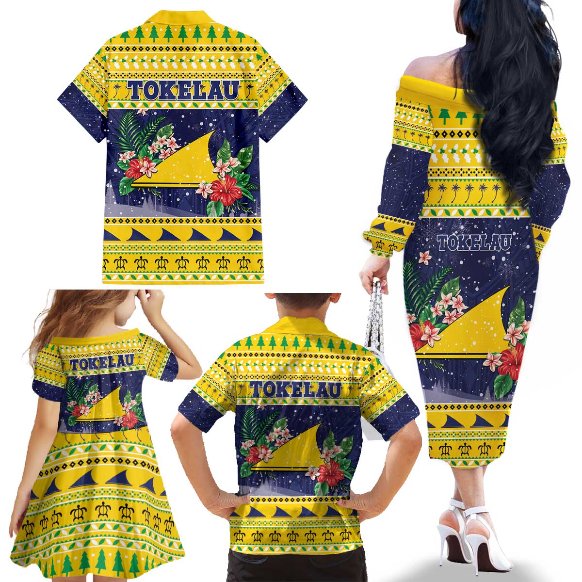 Tokelau Christmas Family Matching Off The Shoulder Long Sleeve Dress and Hawaiian Shirt Tokelauan Badge Manuia Te Kilihimahi