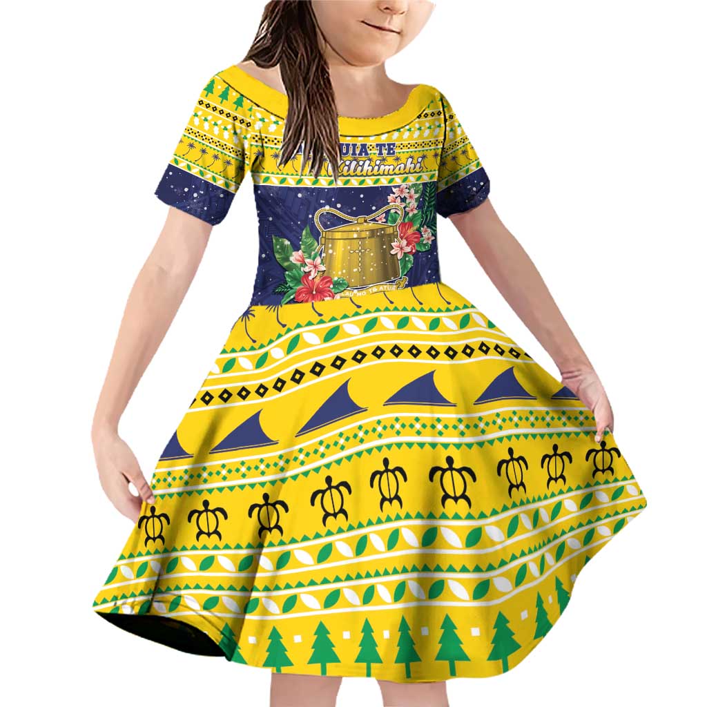 Tokelau Christmas Family Matching Off Shoulder Short Dress and Hawaiian Shirt Tokelauan Badge Manuia Te Kilihimahi LT05 Daughter's Dress Yellow - Polynesian Pride