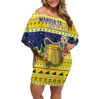Tokelau Christmas Family Matching Off Shoulder Short Dress and Hawaiian Shirt Tokelauan Badge Manuia Te Kilihimahi LT05 Mom's Dress Yellow - Polynesian Pride