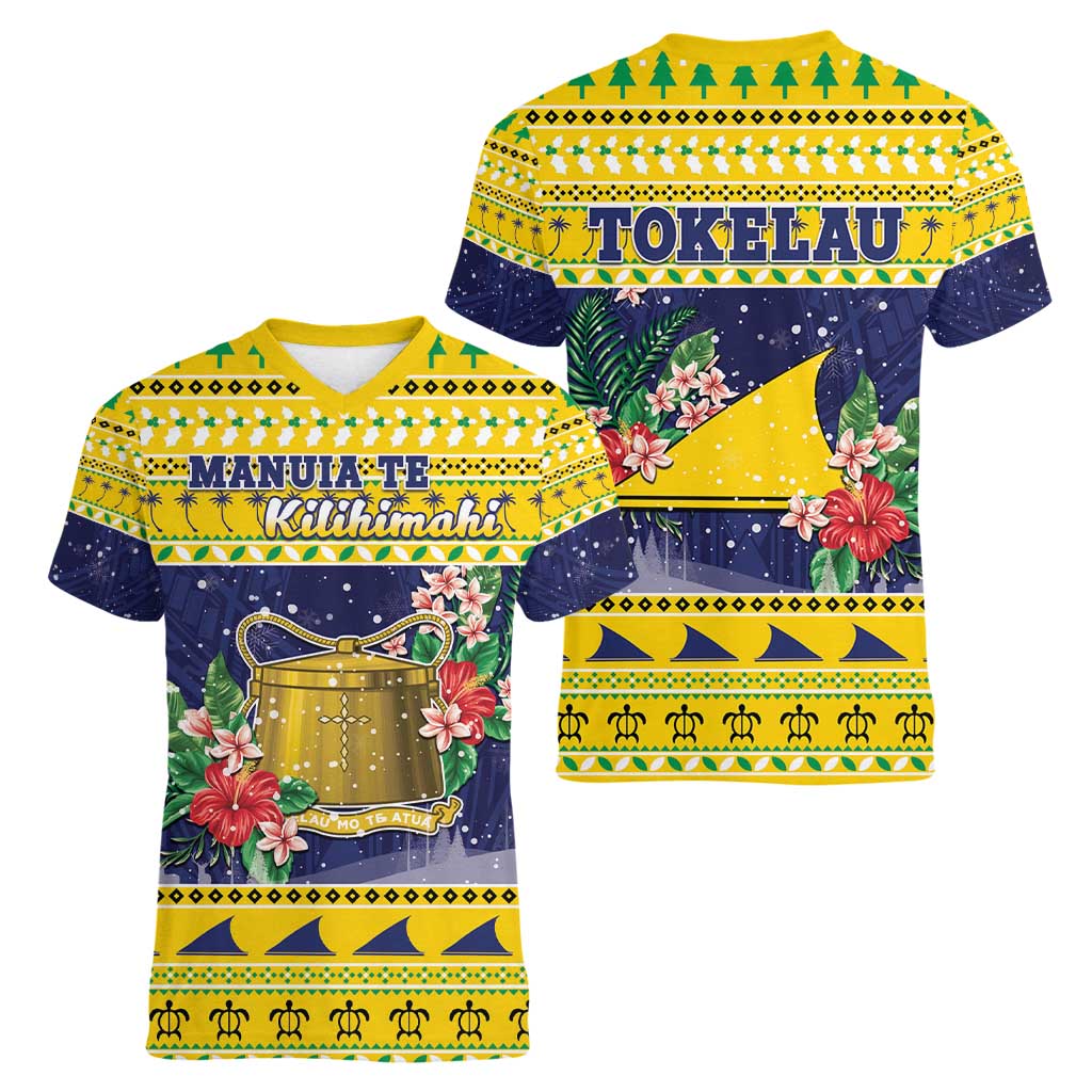 Tokelau Christmas Women V-Neck T-Shirt Tokelauan Badge Manuia Te Kilihimahi