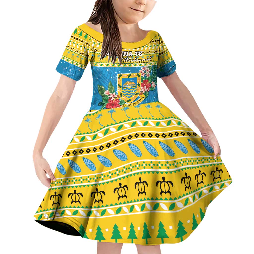 Tuvalu Christmas Family Matching Off Shoulder Short Dress and Hawaiian Shirt Coat Of Arms Manuia Te Kilisimasi LT05 Daughter's Dress Yellow - Polynesian Pride