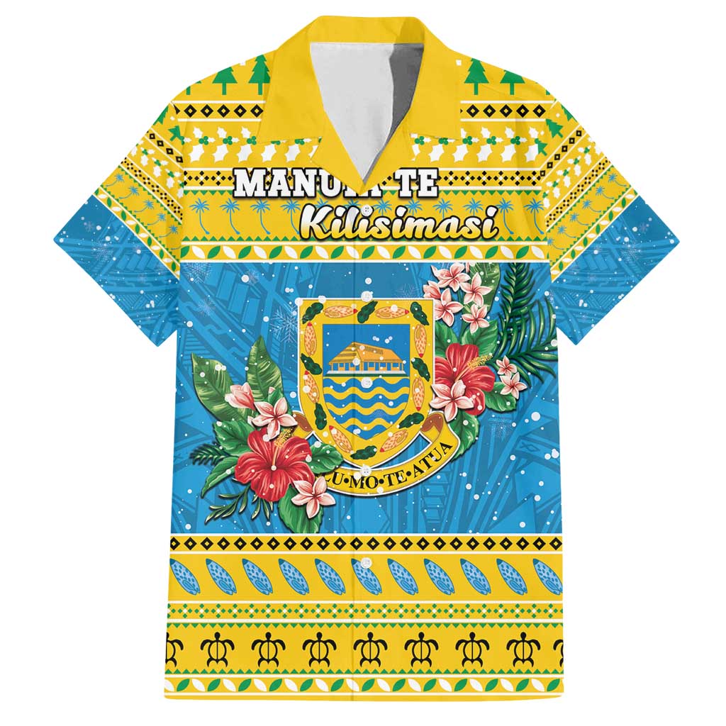Tuvalu Christmas Family Matching Off Shoulder Short Dress and Hawaiian Shirt Coat Of Arms Manuia Te Kilisimasi LT05 Dad's Shirt - Short Sleeve Yellow - Polynesian Pride