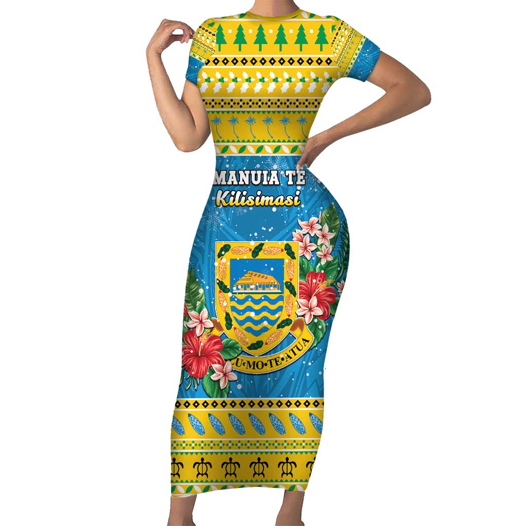 Tuvalu Christmas Short Sleeve Bodycon Dress Coat Of Arms Manuia Te Kilisimasi