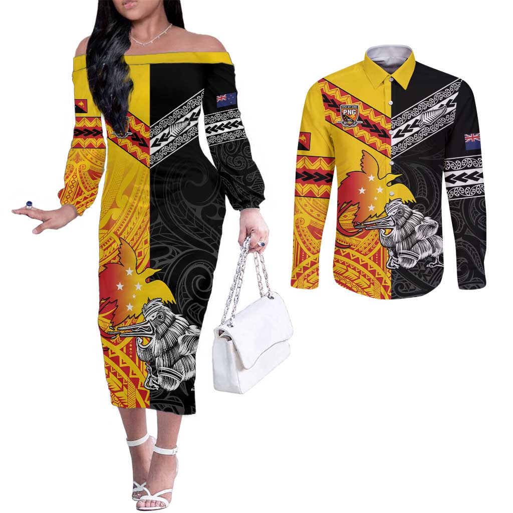 New Zealand And Papua New Guinea Rugby Custom Couples Matching Off The Shoulder Long Sleeve Dress and Long Sleeve Button Shirt Maori Kiwi With Bird of Paradise