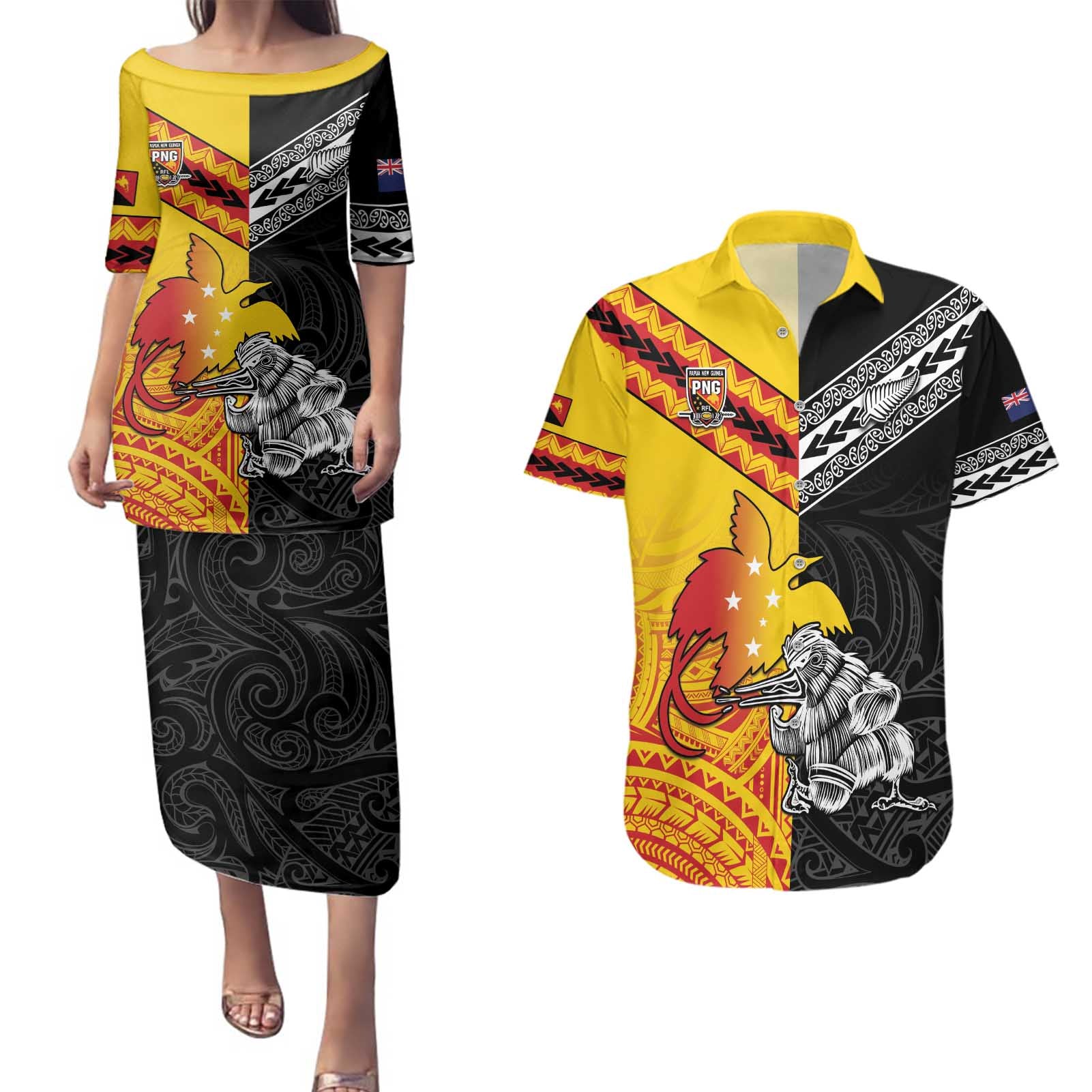 New Zealand And Papua New Guinea Rugby Custom Couples Matching Puletasi and Hawaiian Shirt Maori Kiwi With Bird of Paradise