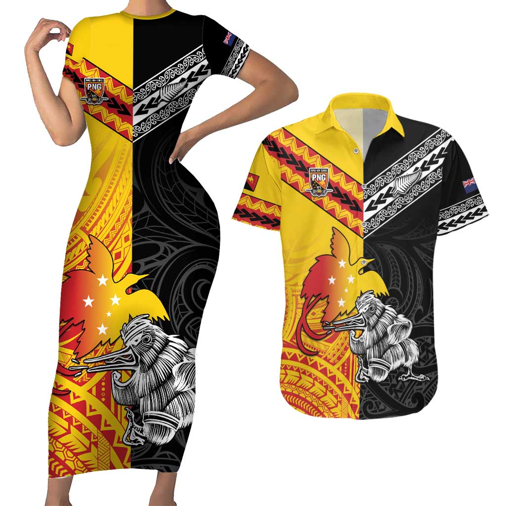 New Zealand And Papua New Guinea Rugby Custom Couples Matching Short Sleeve Bodycon Dress and Hawaiian Shirt Maori Kiwi With Bird of Paradise