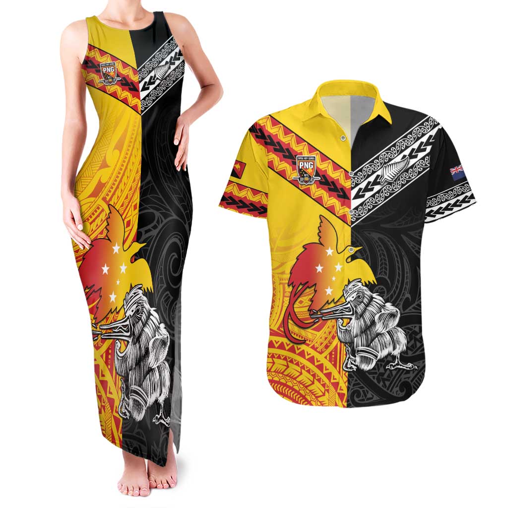 New Zealand And Papua New Guinea Rugby Custom Couples Matching Tank Maxi Dress and Hawaiian Shirt Maori Kiwi With Bird of Paradise