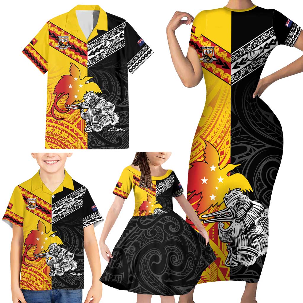 New Zealand And Papua New Guinea Rugby Custom Family Matching Short Sleeve Bodycon Dress and Hawaiian Shirt Maori Kiwi With Bird of Paradise