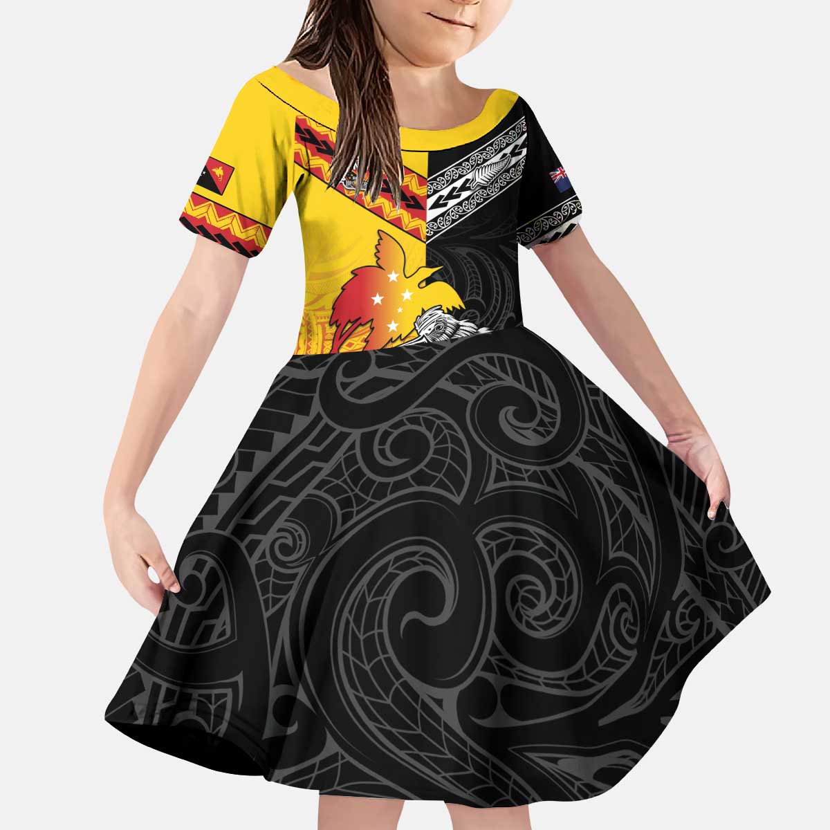 New Zealand And Papua New Guinea Rugby Custom Kid Short Sleeve Dress Maori Kiwi With Bird of Paradise