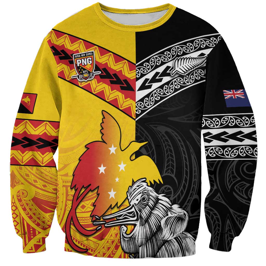 New Zealand And Papua New Guinea Rugby Custom Sweatshirt Maori Kiwi With Bird of Paradise