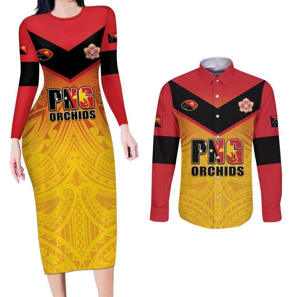 Papua New Guinea Rugby Custom Couples Matching Long Sleeve Bodycon Dress and Long Sleeve Button Shirt Go Orchids Pacific Champions