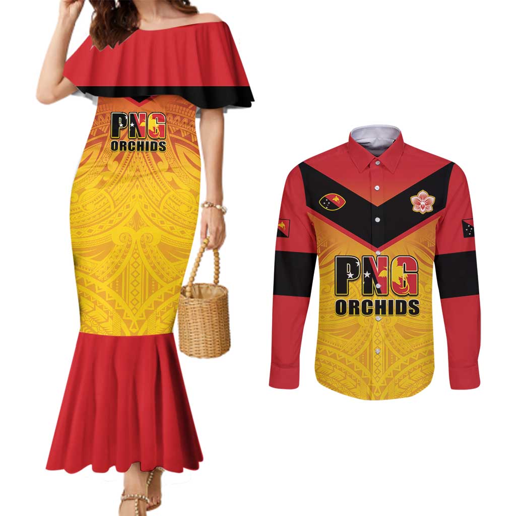 Papua New Guinea Rugby Custom Couples Matching Mermaid Dress and Long Sleeve Button Shirt Go Orchids Pacific Champions