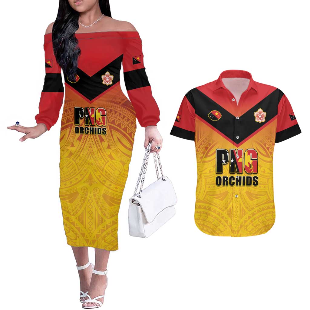 Papua New Guinea Rugby Custom Couples Matching Off The Shoulder Long Sleeve Dress and Hawaiian Shirt Go Orchids Pacific Champions