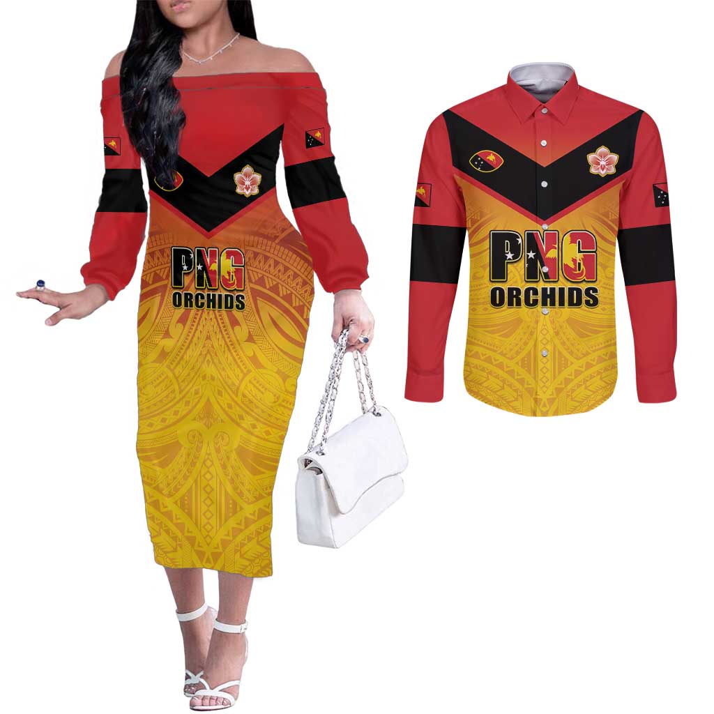 Papua New Guinea Rugby Custom Couples Matching Off The Shoulder Long Sleeve Dress and Long Sleeve Button Shirt Go Orchids Pacific Champions