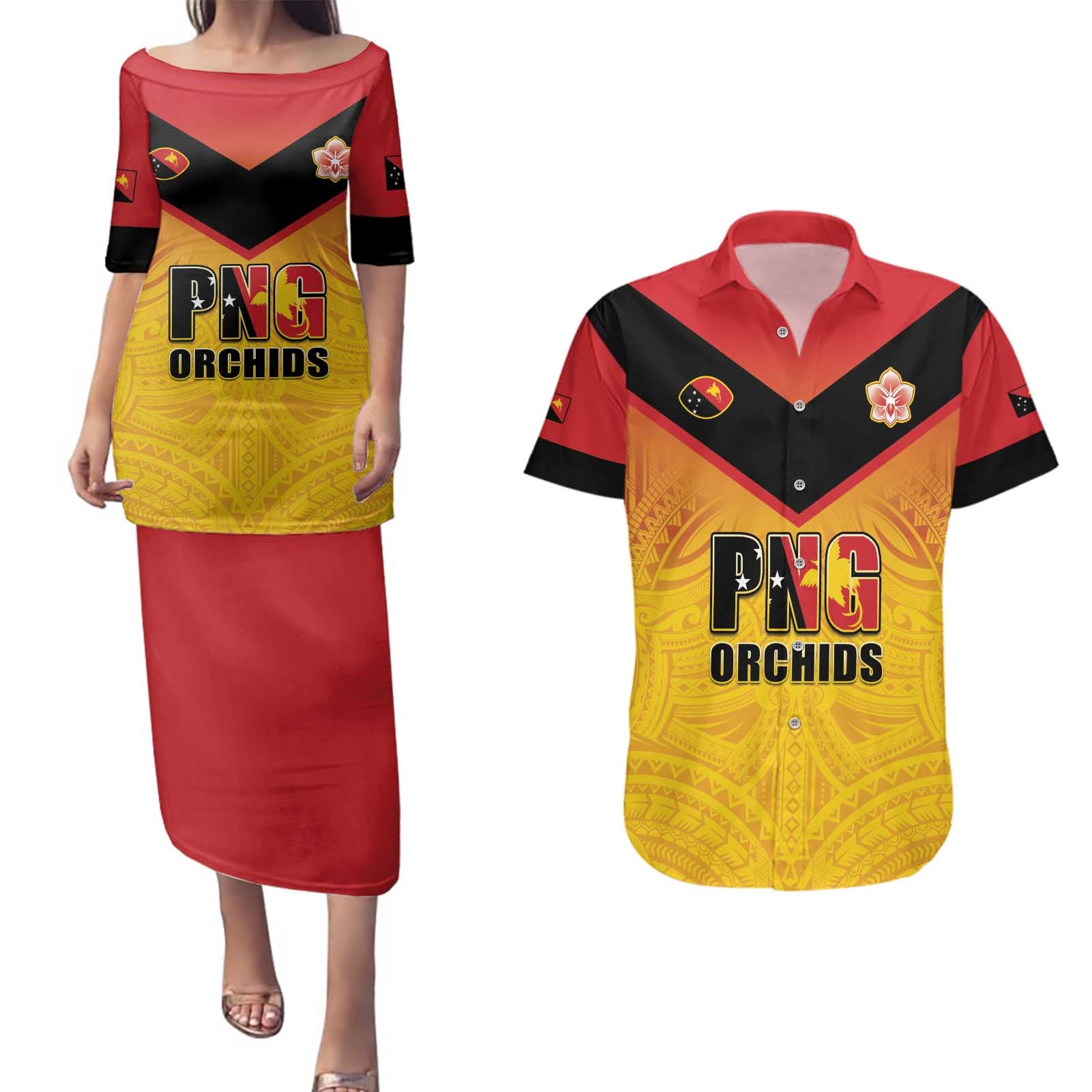 Papua New Guinea Rugby Custom Couples Matching Puletasi and Hawaiian Shirt Go Orchids Pacific Champions