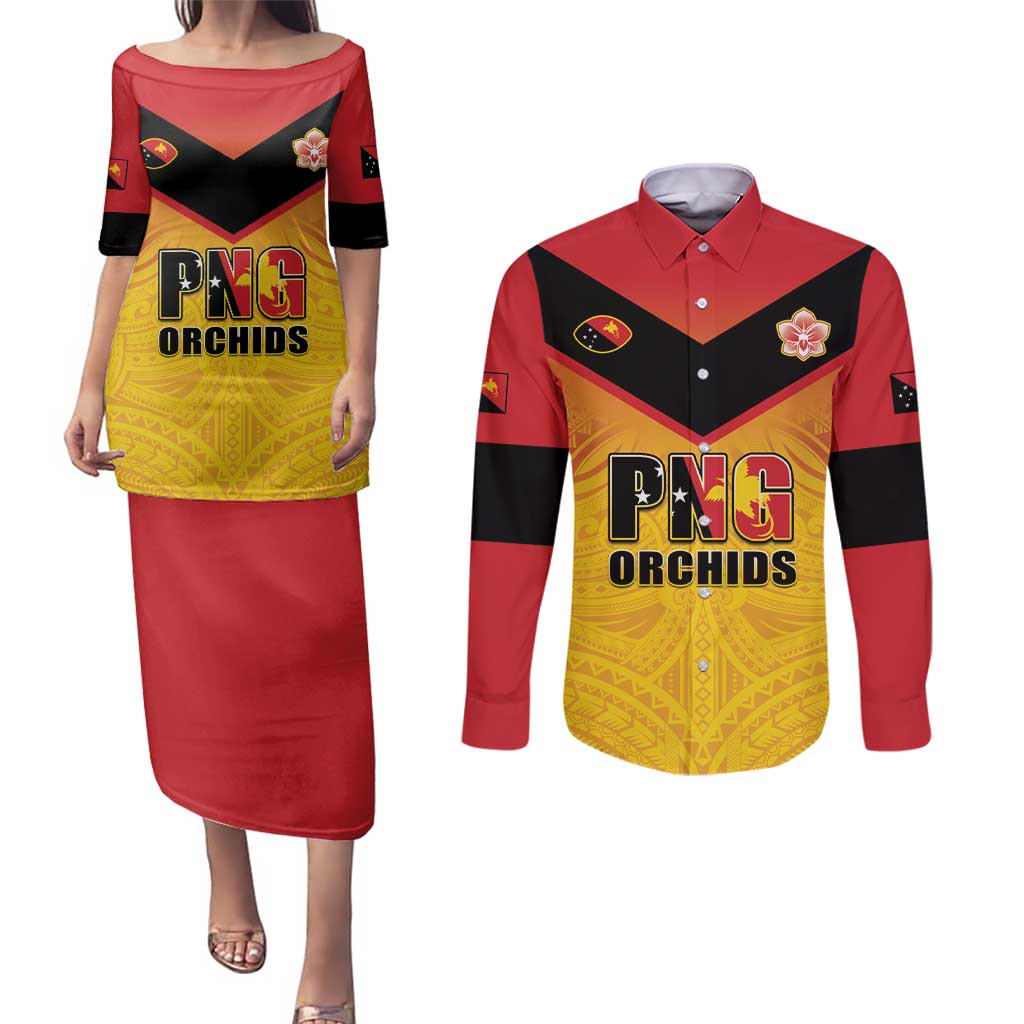 Papua New Guinea Rugby Custom Couples Matching Puletasi and Long Sleeve Button Shirt Go Orchids Pacific Champions