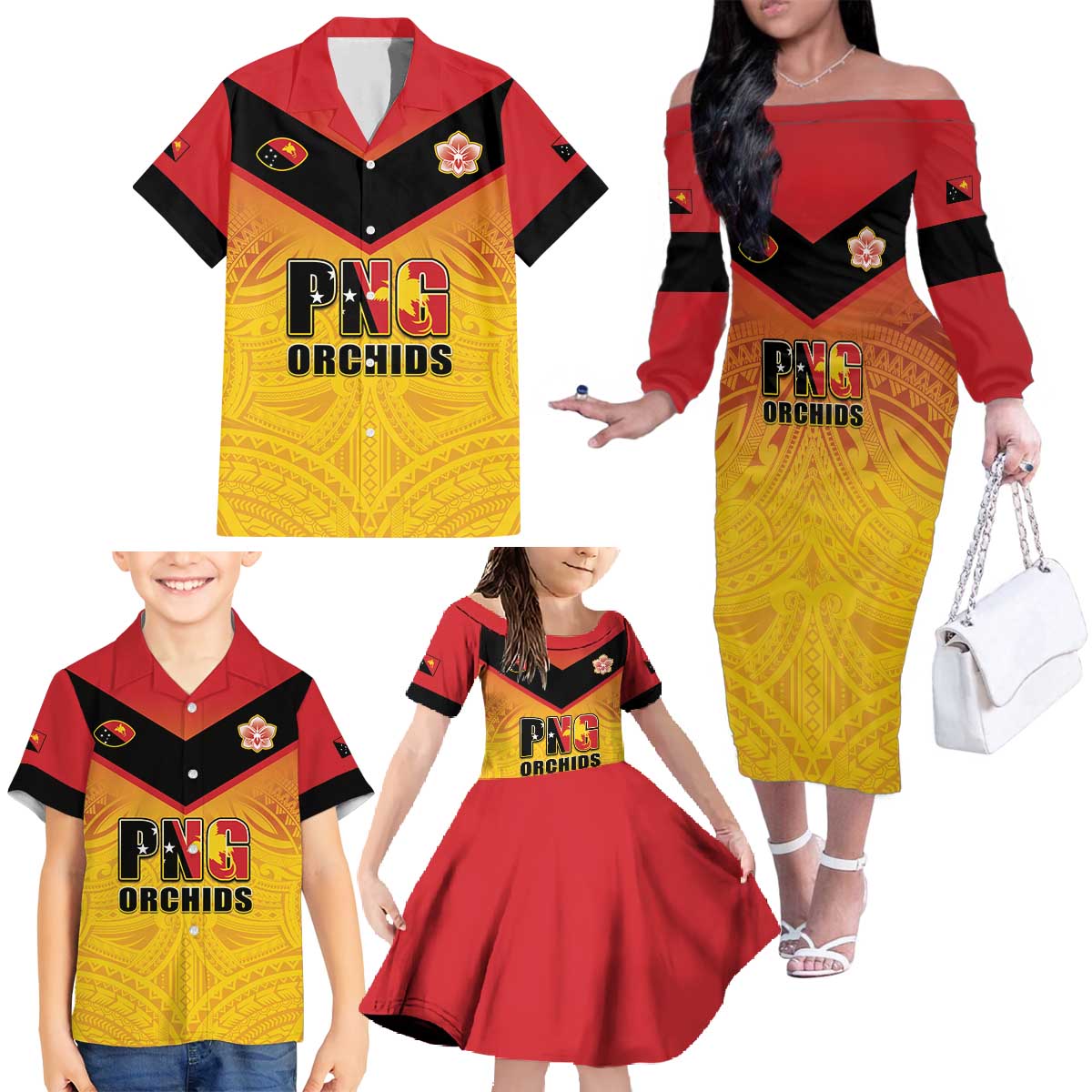 Papua New Guinea Rugby Custom Family Matching Off The Shoulder Long Sleeve Dress and Hawaiian Shirt Go Orchids Pacific Champions