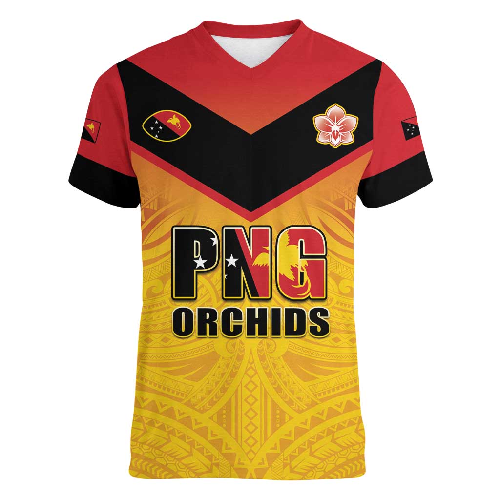 Papua New Guinea Rugby Custom Women V-Neck T-Shirt Go Orchids Pacific Champions LT05 Female Yellow - Polynesian Pride