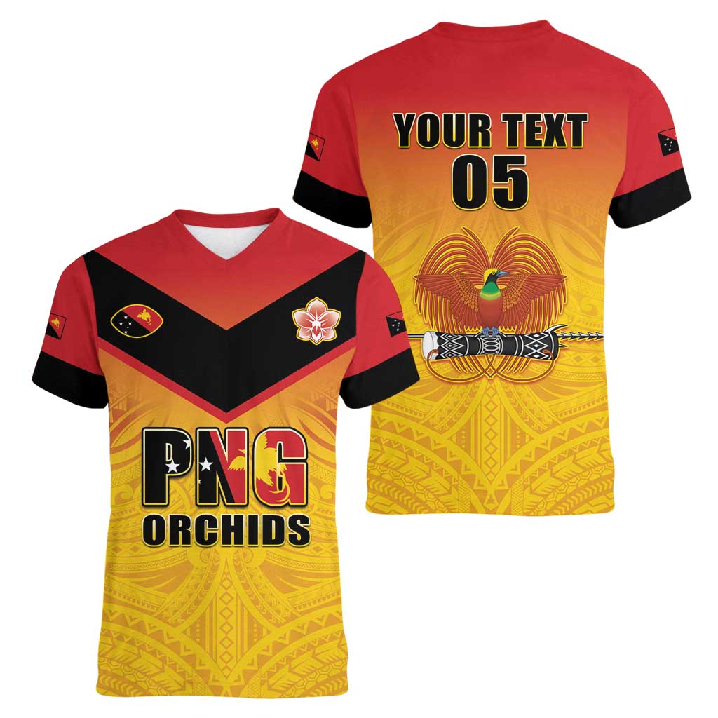Papua New Guinea Rugby Custom Women V-Neck T-Shirt Go Orchids Pacific Champions LT05 - Polynesian Pride