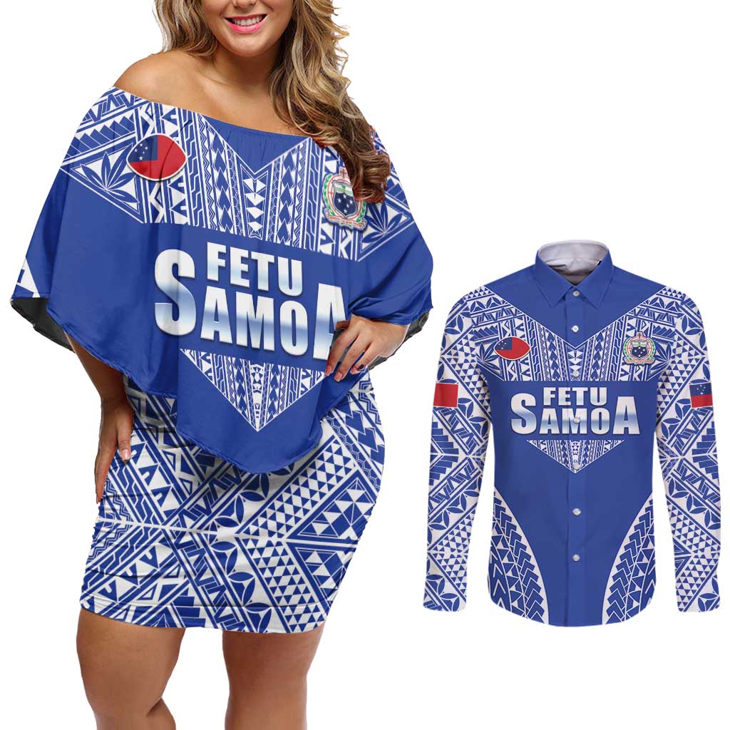 Fetu Samoa Rugby Custom Couples Matching Off Shoulder Short Dress and Long Sleeve Button Shirt Go Champions