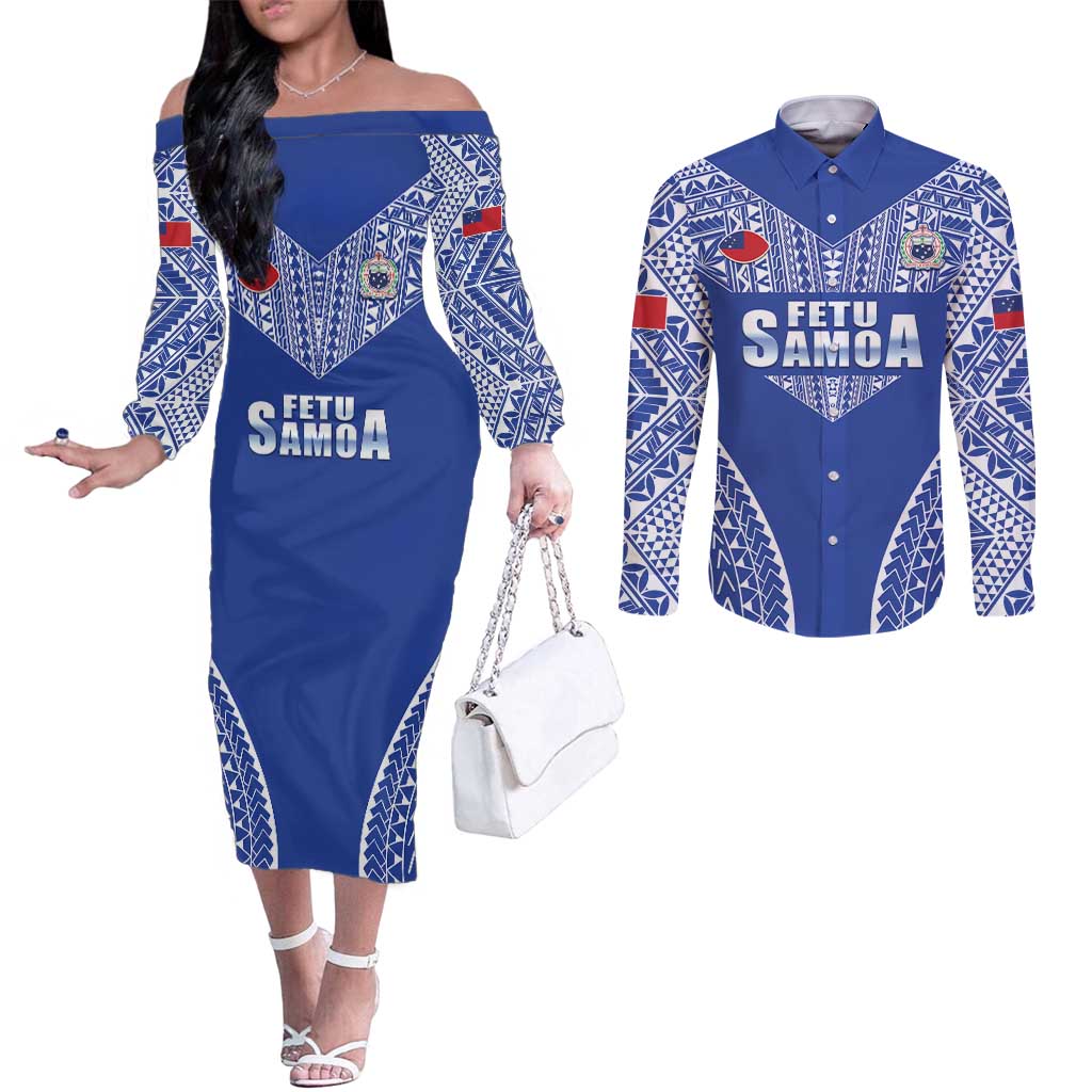 Fetu Samoa Rugby Custom Couples Matching Off The Shoulder Long Sleeve Dress and Long Sleeve Button Shirt Go Champions