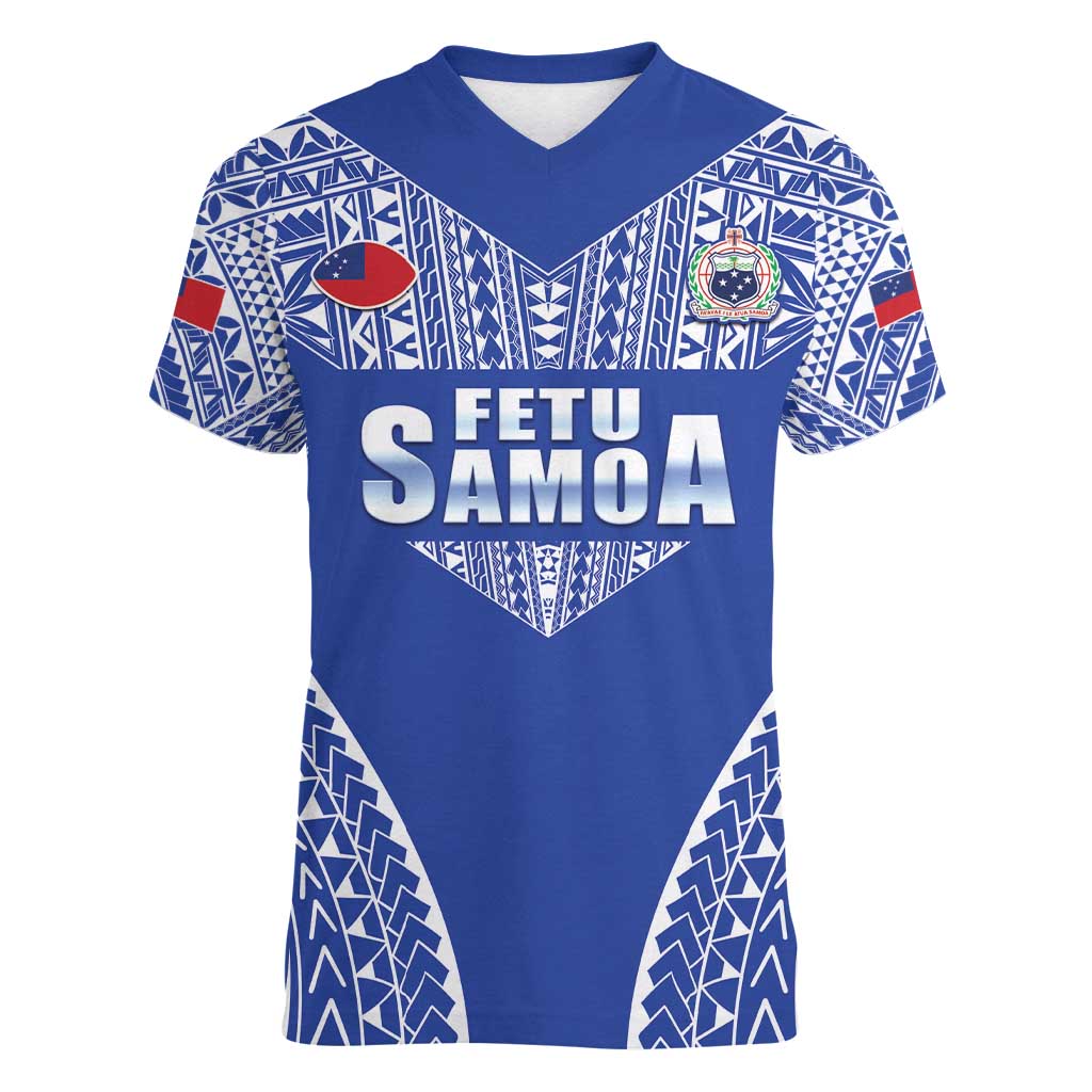 Fetu Samoa Rugby Custom Women V-Neck T-Shirt Go Champions LT05 Female Blue - Polynesian Pride