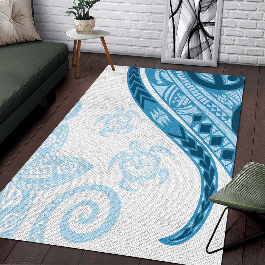 Blue Polynesian Tribal Turtle Floral Pattern Area Rug