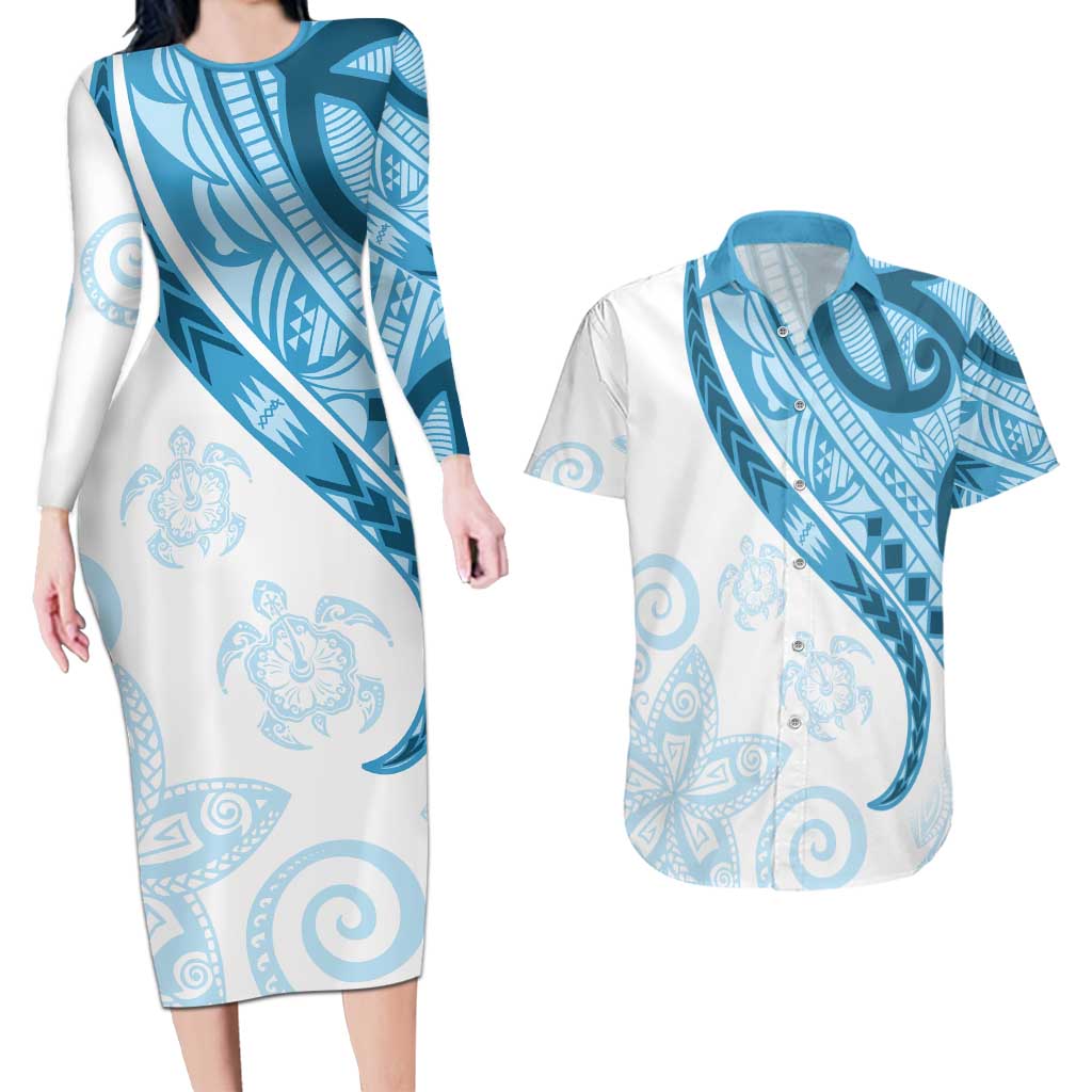 Blue Polynesian Tribal Turtle Floral Pattern Couples Matching Long Sleeve Bodycon Dress and Hawaiian Shirt