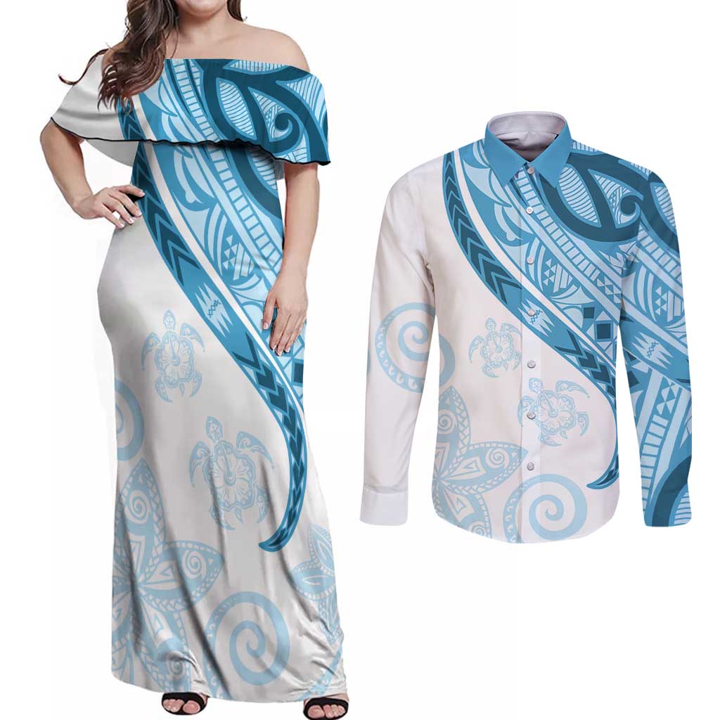 Blue Polynesian Tribal Turtle Floral Pattern Couples Matching Off Shoulder Maxi Dress and Long Sleeve Button Shirt