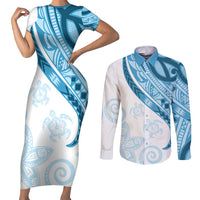 Blue Polynesian Tribal Turtle Floral Pattern Couples Matching Short Sleeve Bodycon Dress and Long Sleeve Button Shirt