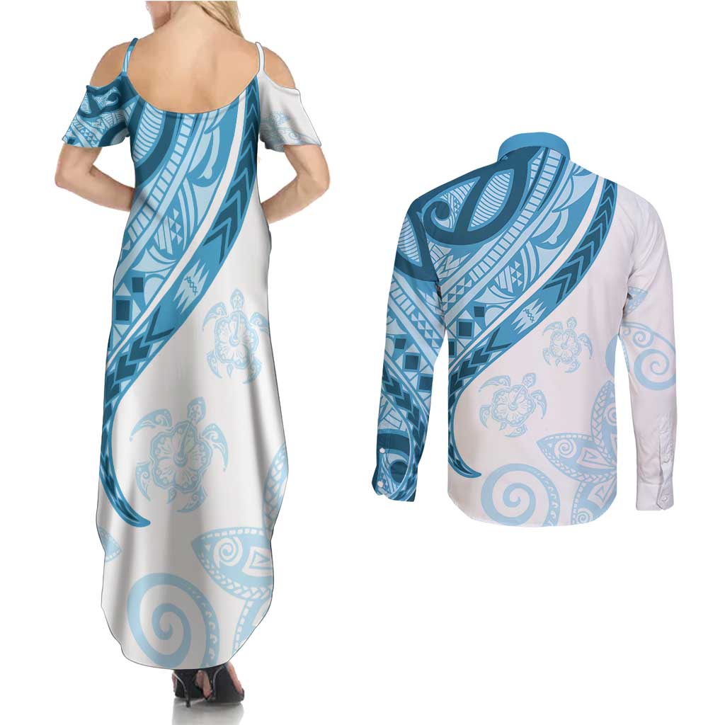 Blue Polynesian Tribal Turtle Floral Pattern Couples Matching Summer Maxi Dress and Long Sleeve Button Shirt