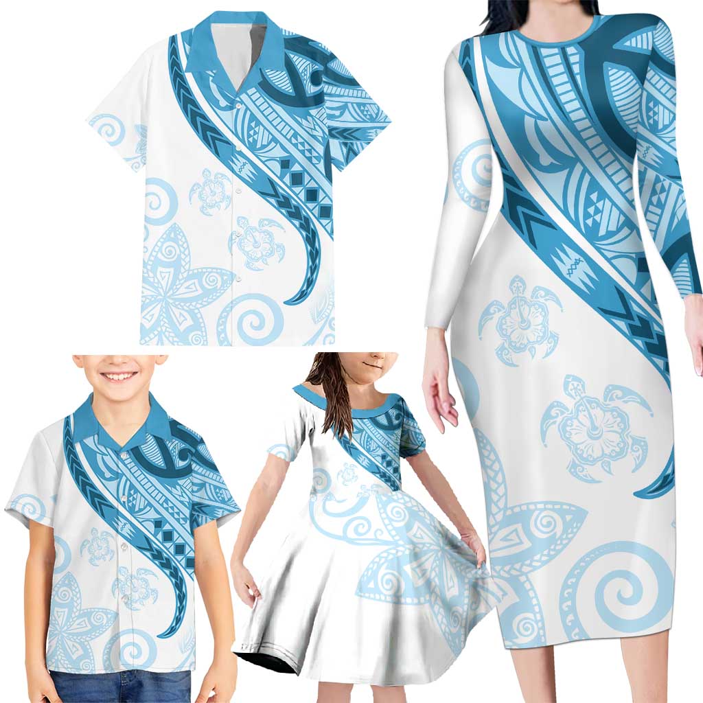 Blue Polynesian Tribal Turtle Floral Pattern Family Matching Long Sleeve Bodycon Dress and Hawaiian Shirt LT05 - Polynesian Pride