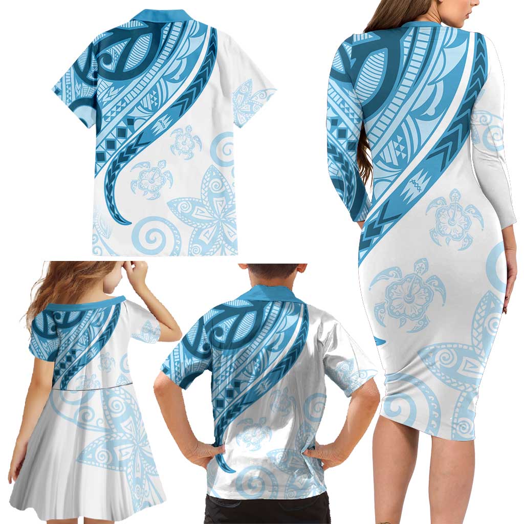 Blue Polynesian Tribal Turtle Floral Pattern Family Matching Long Sleeve Bodycon Dress and Hawaiian Shirt LT05 - Polynesian Pride
