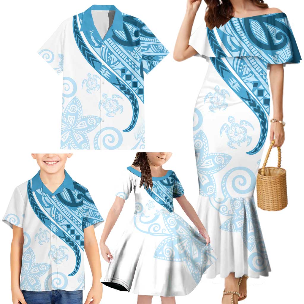 Blue Polynesian Tribal Turtle Floral Pattern Family Matching Mermaid Dress and Hawaiian Shirt LT05 - Polynesian Pride