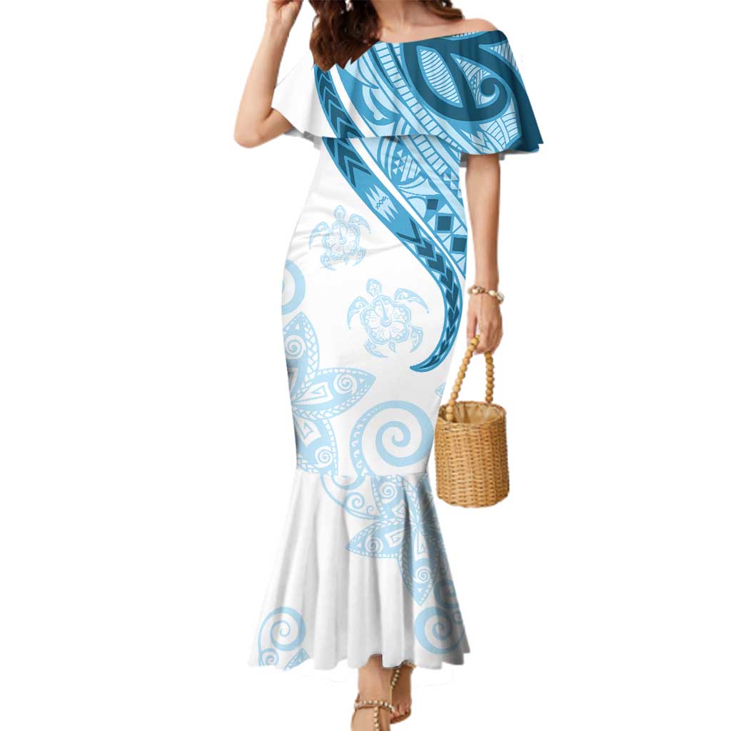 Blue Polynesian Tribal Turtle Floral Pattern Family Matching Mermaid Dress and Hawaiian Shirt LT05 Mom's Dress Blue - Polynesian Pride