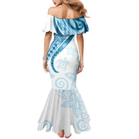 Blue Polynesian Tribal Turtle Floral Pattern Family Matching Mermaid Dress and Hawaiian Shirt LT05 - Polynesian Pride