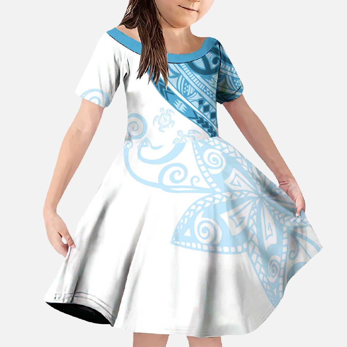 Blue Polynesian Tribal Turtle Floral Pattern Family Matching Off The Shoulder Long Sleeve Dress and Hawaiian Shirt
