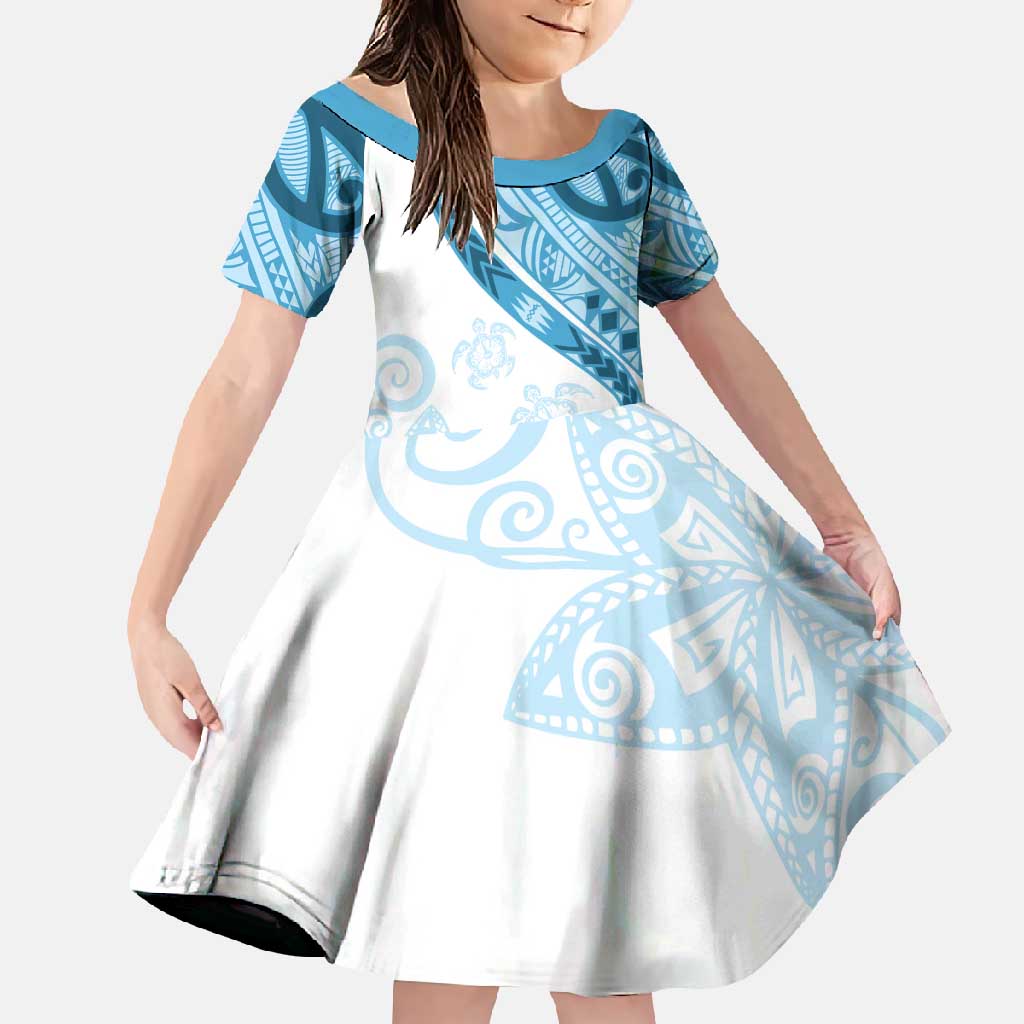 Blue Polynesian Tribal Turtle Floral Pattern Family Matching Off Shoulder Maxi Dress and Hawaiian Shirt LT05 Daughter's Dress Blue - Polynesian Pride