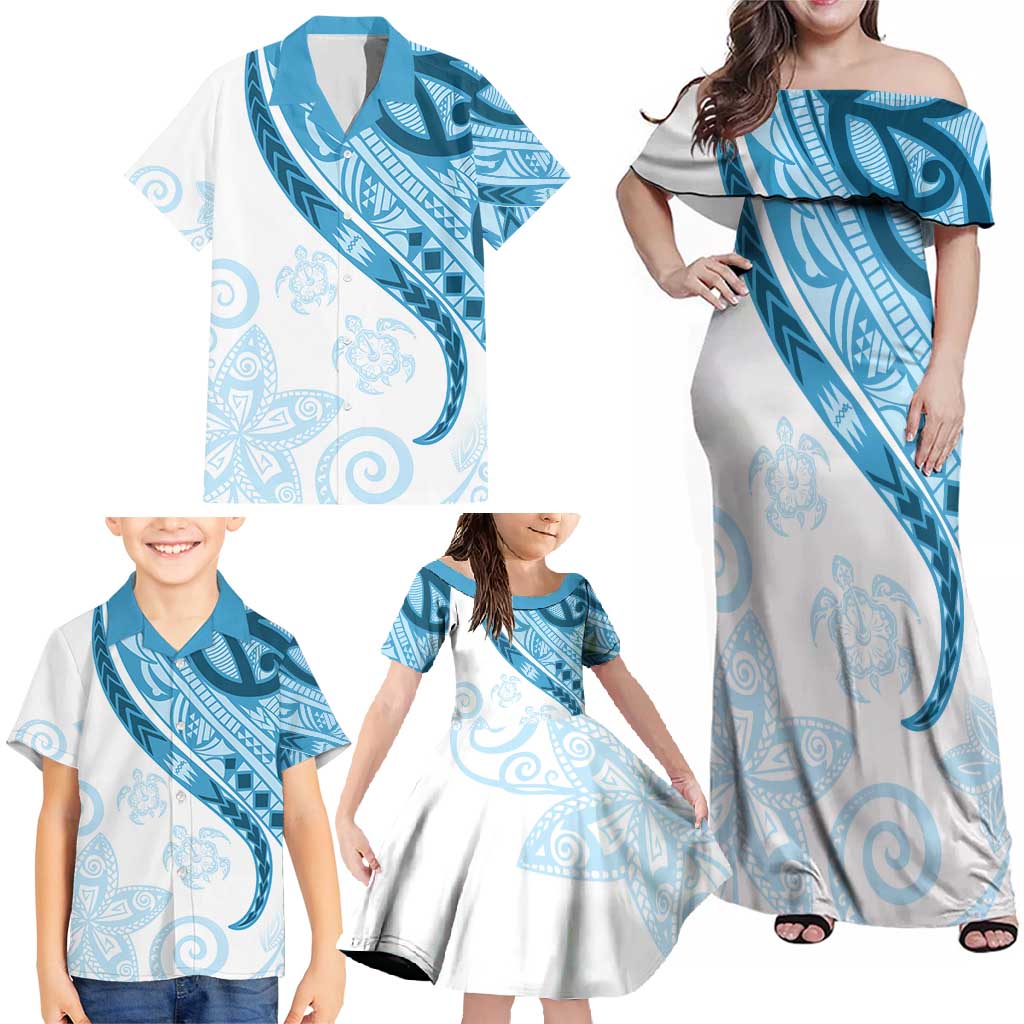 Blue Polynesian Tribal Turtle Floral Pattern Family Matching Off Shoulder Maxi Dress and Hawaiian Shirt LT05 - Polynesian Pride