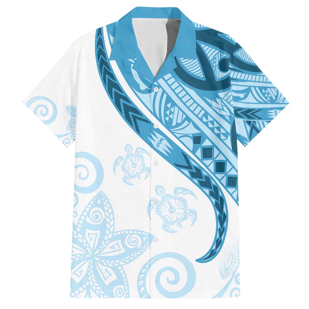 Blue Polynesian Tribal Turtle Floral Pattern Family Matching Off Shoulder Maxi Dress and Hawaiian Shirt LT05 Dad's Shirt - Short Sleeve Blue - Polynesian Pride