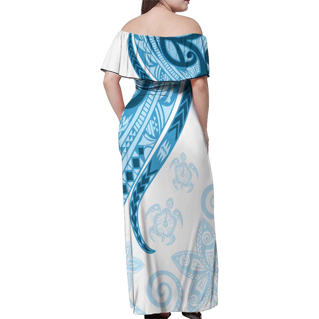 Blue Polynesian Tribal Turtle Floral Pattern Family Matching Off Shoulder Maxi Dress and Hawaiian Shirt LT05 - Polynesian Pride