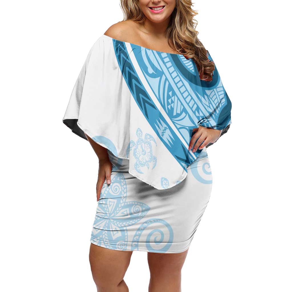 Blue Polynesian Tribal Turtle Floral Pattern Family Matching Off Shoulder Short Dress and Hawaiian Shirt LT05 Mom's Dress Blue - Polynesian Pride
