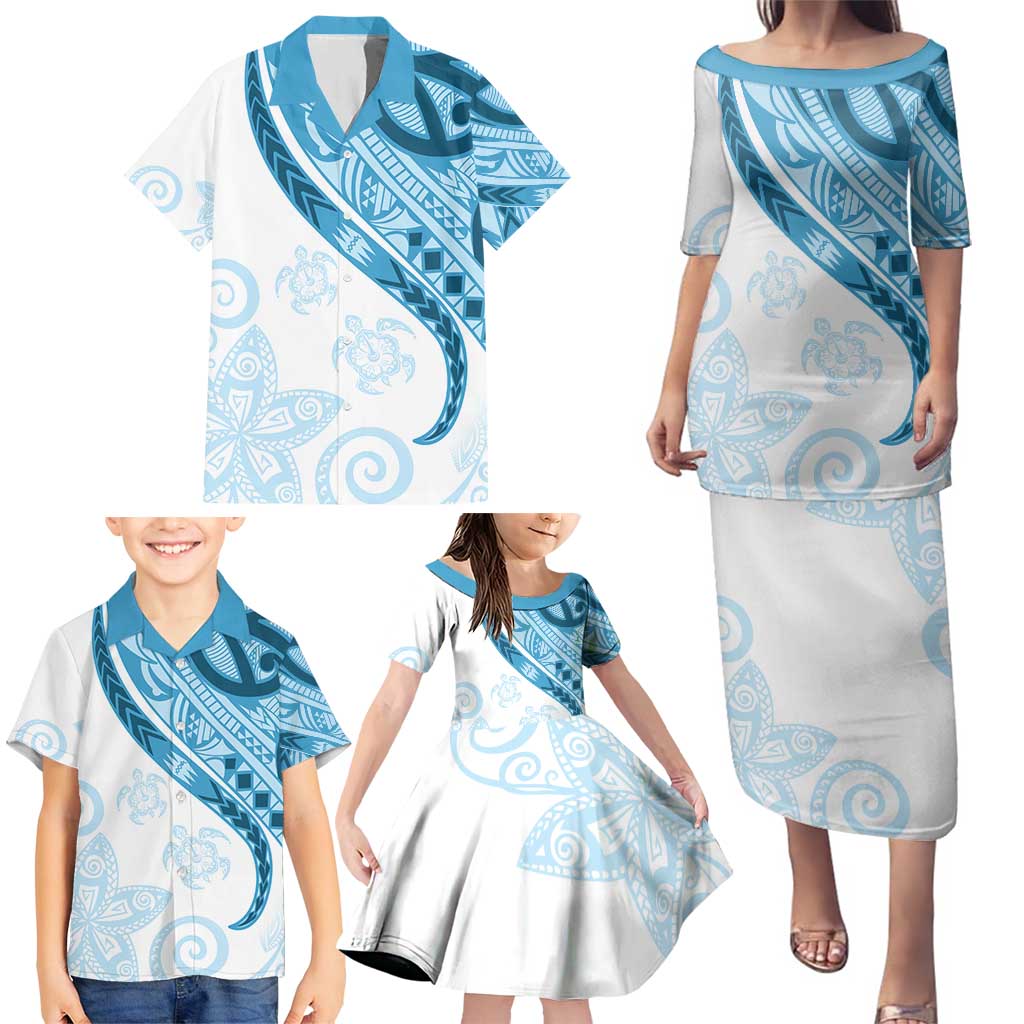 Blue Polynesian Tribal Turtle Floral Pattern Family Matching Puletasi and Hawaiian Shirt LT05 - Polynesian Pride