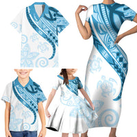 Blue Polynesian Tribal Turtle Floral Pattern Family Matching Short Sleeve Bodycon Dress and Hawaiian Shirt LT05 - Polynesian Pride