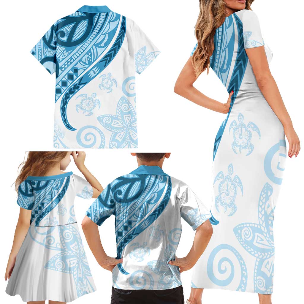 Blue Polynesian Tribal Turtle Floral Pattern Family Matching Short Sleeve Bodycon Dress and Hawaiian Shirt LT05 - Polynesian Pride