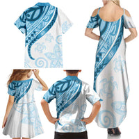 Blue Polynesian Tribal Turtle Floral Pattern Family Matching Summer Maxi Dress and Hawaiian Shirt LT05 - Polynesian Pride
