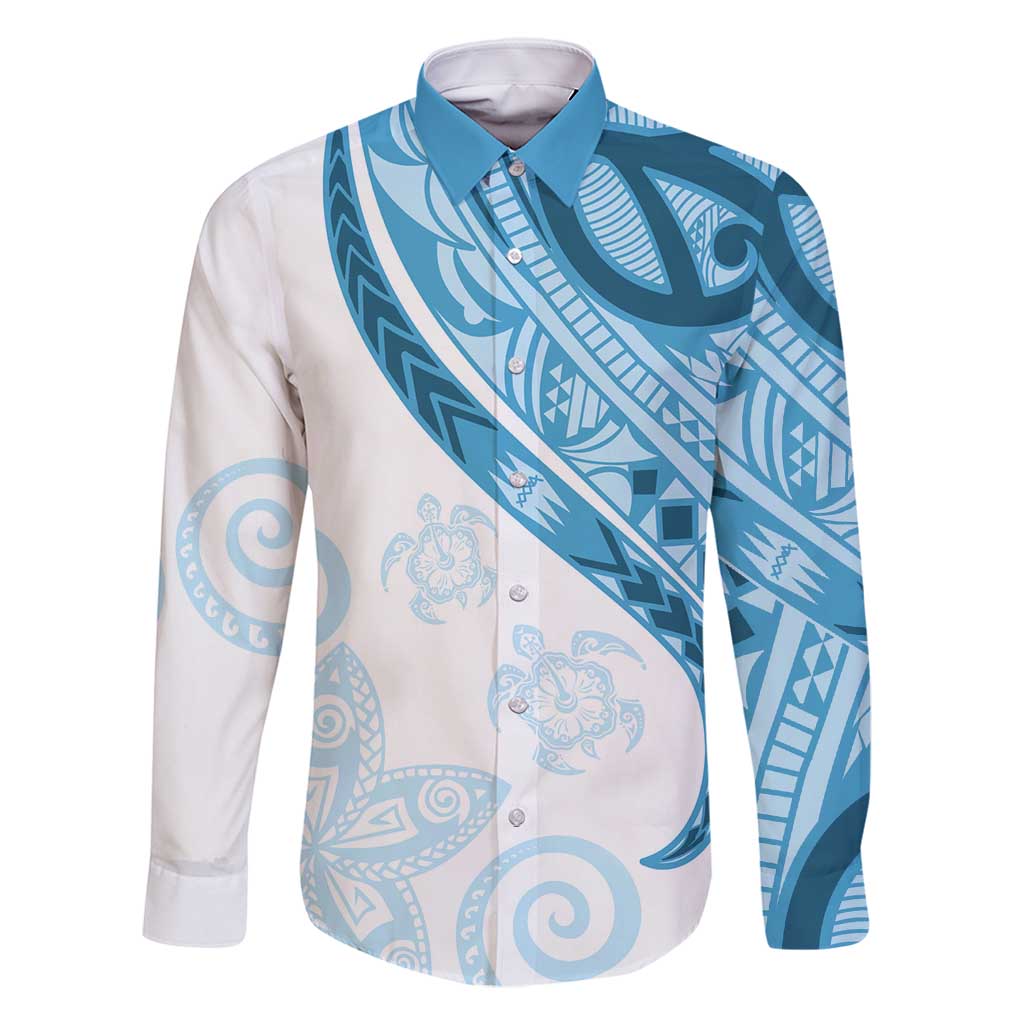 Blue Polynesian Tribal Turtle Floral Pattern Family Matching Summer Maxi Dress and Hawaiian Shirt LT05 Dad's Shirt - Long Sleeve Blue - Polynesian Pride