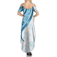 Blue Polynesian Tribal Turtle Floral Pattern Family Matching Summer Maxi Dress and Hawaiian Shirt LT05 - Polynesian Pride