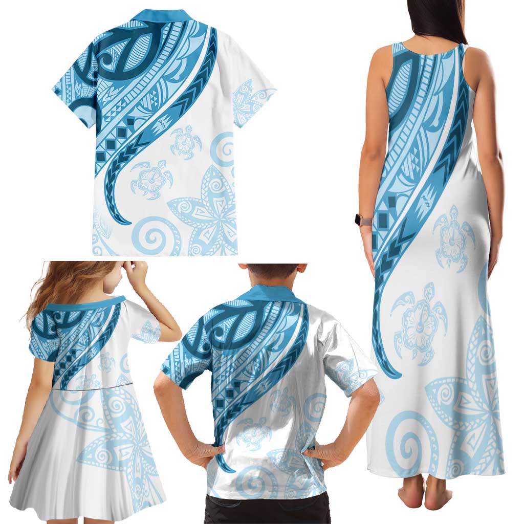 Blue Polynesian Tribal Turtle Floral Pattern Family Matching Tank Maxi Dress and Hawaiian Shirt LT05 - Polynesian Pride
